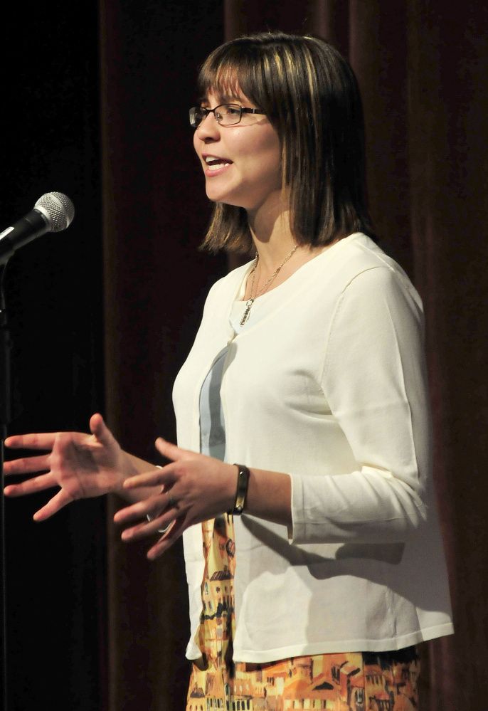 Gabrielle Cooper of Gardiner Area High School competes in the Poetry Out Loud finals at the Waterville Opera House on Monday.