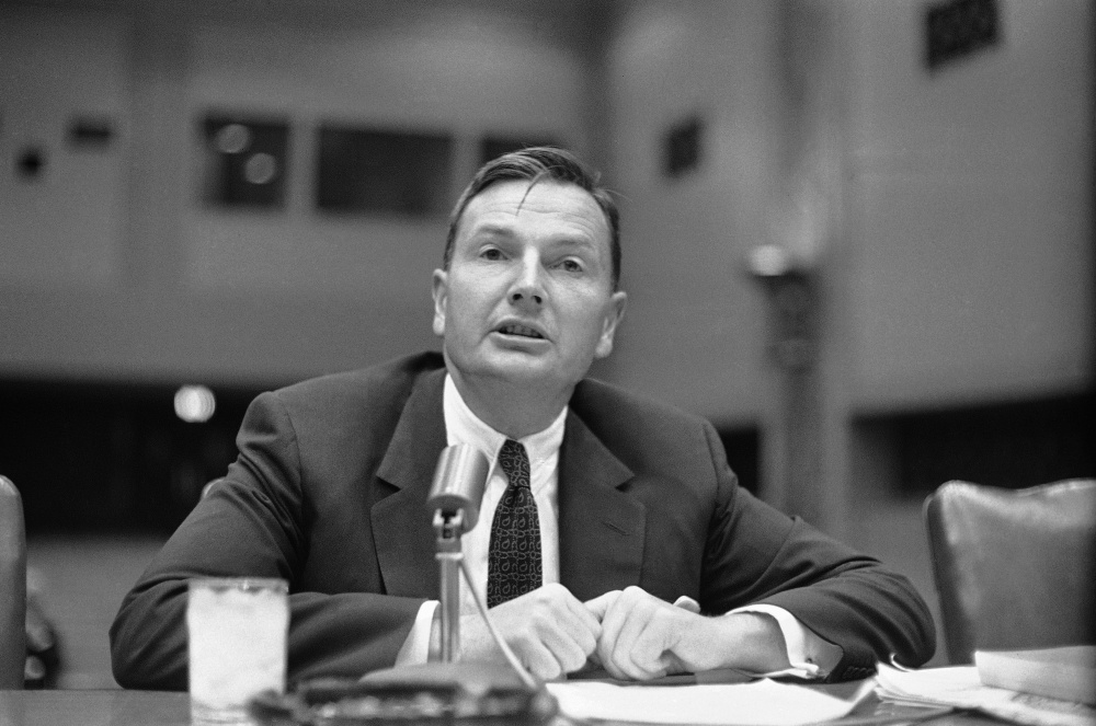 David Rockefeller, as president of Chase Manhattan Bank, appears before a congressional committee in 1961. He later played a role in getting the World Trade Center built.