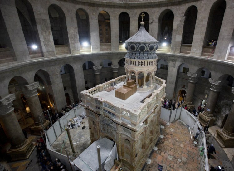 The renovated Edicule is seen in the Church of the Holy Sepulchre, traditionally believed to be the site of the burial of Jesus Christ, in Jerusalem's Old City on Monday.