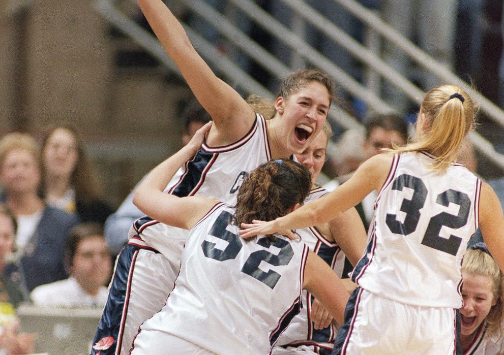 Rebecca Lobo was celebrating a national title for Connecticut in 1995 with teammates Kara Wolters, 52, and Pam Weber. But two years earlier she was a sophomore on a team that wasn't sure it would make the NCAAs.