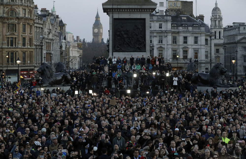 A crowd gathers Thursday at a vigil at Trafalgar Square in London for the victims of Wednesday's attack. Mayor Sadiq Khan called for Londoners to attend the vigil in solidarity with the victims and their families, and to show that London remains united.