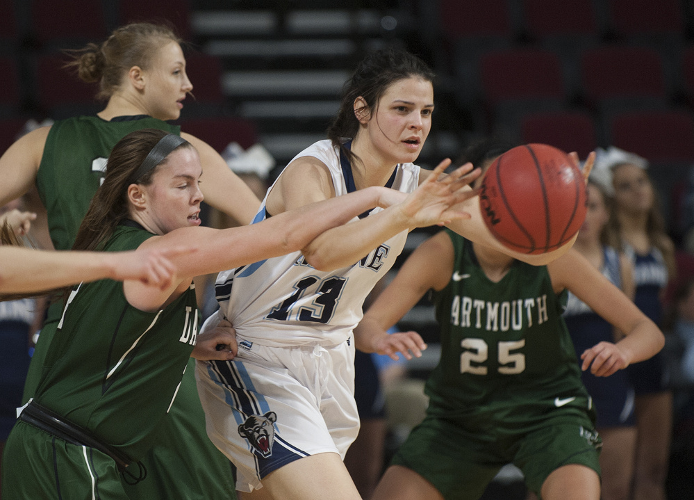 Laia Sole, shown playing against Darmouth during in game in December, is one of five players who will transfer from the University of Maine. Sole was the second-leading scorer on the team with 9.4 points a game. (Kevin Bennett photo)