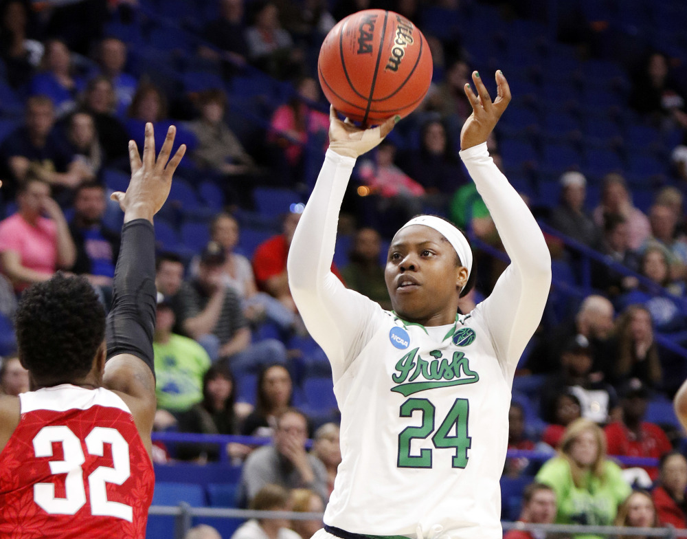 Notre Dame's Arike Ogunbowale scored 32 points to lead the Irish to a 99-76 victory over Ohio State and a berth in the Elite Eight, on Friday in Lexington, Ky.
