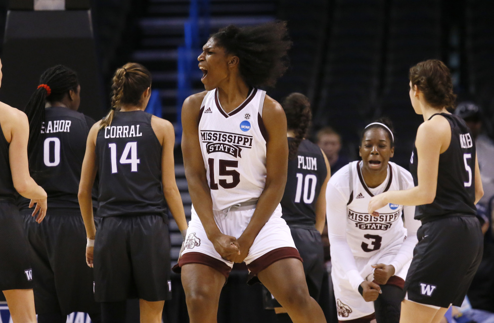Mississippi State center Teaira McCowan celebrates during the second half the Bulldogs' 75-64 win over Washington in the NCAA tournament Friday in Oklahoma City.