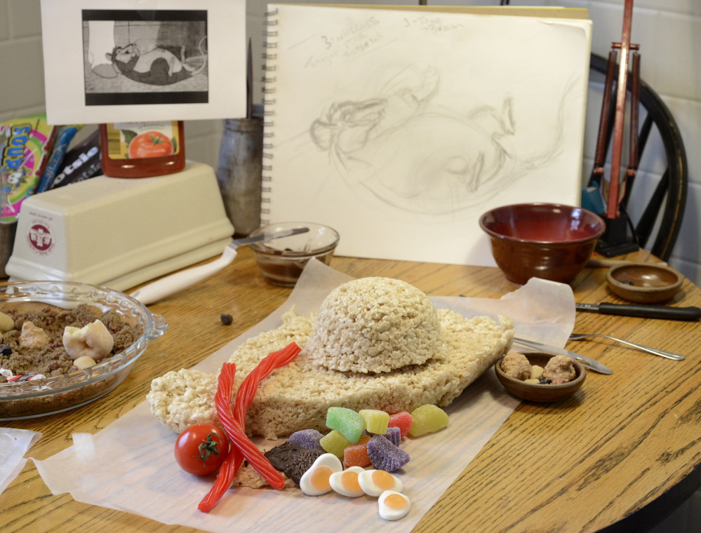 Deborah Klotz of Portland is taking on "Charlotte's Web" for the Edible Book Festival. Assorted ingredients on her table will make Templeton the Rat.
