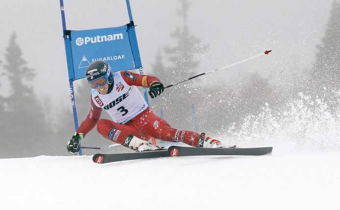 Hig Roberts of Colorado nearly loses his downhill edge early in his second run Tuesday during the men's giant slalom at the U.S. Alpine Championships at Sugarloaf. Roberts braved the conditions and won the race in a combined time of 2 minutes, 19.25 seconds.