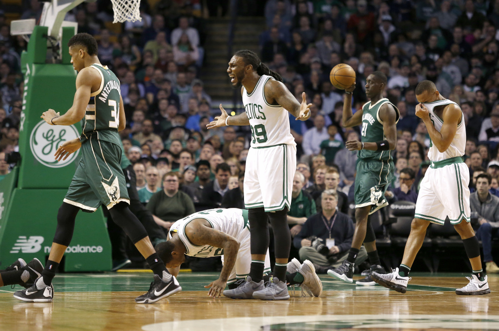 Boston's Jae Crowder reacts to a call during the first half of Wednesday's game against the Milwaukee Bucks at Boston.