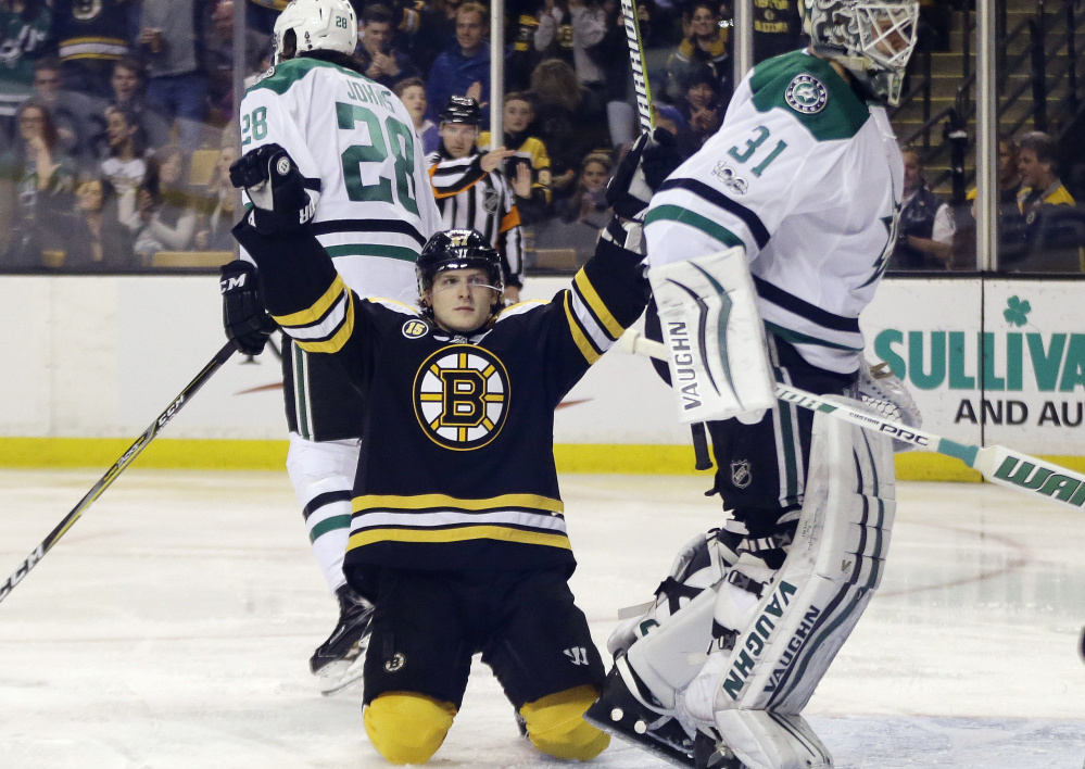 Bruins defenseman Torey Krug celebrates his goal against Stars goalie Antti Niemi in the second period Thursday night in Boston.