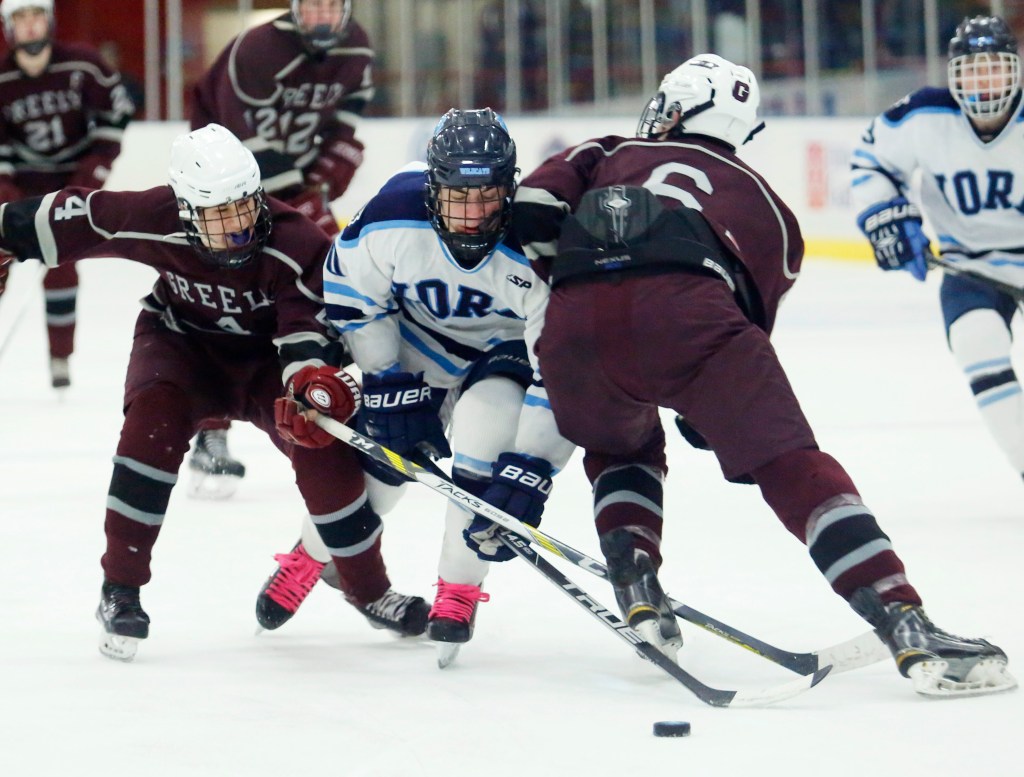 Ben Kennedy, right, and Colby Robinson of Greely defend against Dalton McCann of York in the first period Class B South regional hockey final at the Colisee in Lewiston. (Derek Davis/Staff Photographer)