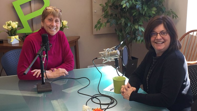Meredith Strang Burgess, President and CEO of Burgess Advertising and Marketing and Portland Press Herald President and C.E.O Lisa DeSisto record an episode of the "Like a Boss" Podcast series at the Burgess Advertising offices.