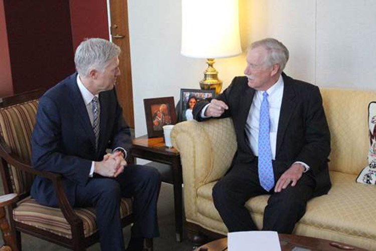 U.S. Sen. Angus King, I-Maine, right, meets with judge Neil Gorsuch, President Trump's nominee for the U.S. Supreme Court, on Wednesday. 