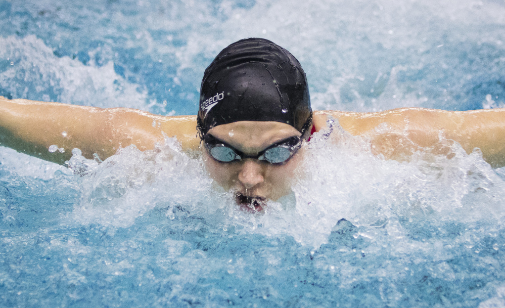 Caitlin Tycz of Brunswick just missed her own state record in the 100-yard butterfly at the Class A state championships but did set a record in the 200 freestyle – one of four events in which she swam the fastest time in the state this season.