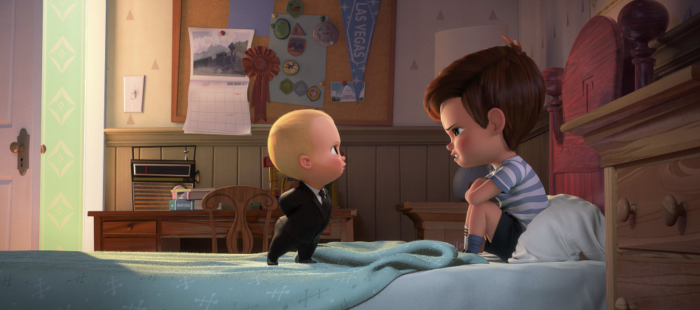 'Boss Baby' characters Tim, voiced by Miles Bakshi, right, and Boss Baby, voiced by Alec Baldwin in a scene from the animated film.