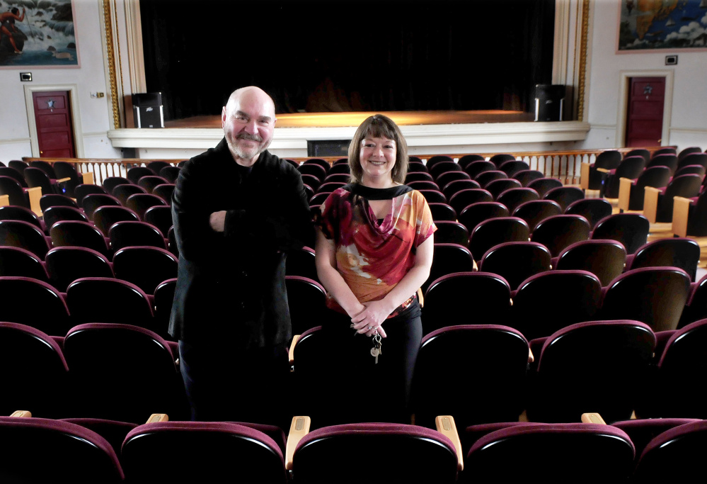 Skowhegan Opera House Committee members Jon Kimbell and manager Cara Mason stand inside the historic landmark. Kimbell helped create the committee to explore improving the opera house for performers, producers and audiences.