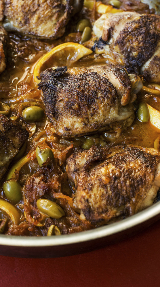 Braised chicken with green olives and onions can be served with mashed potatoes, or with starches such as couscous or fregola on occasions other than Passover.