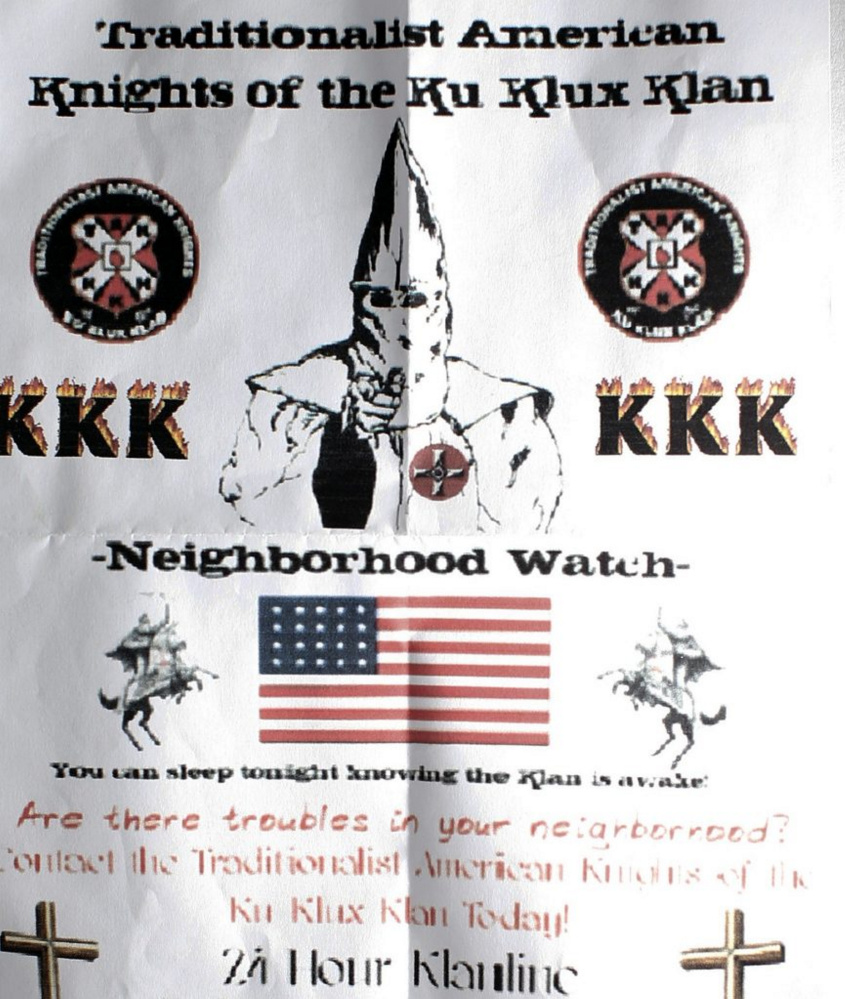 This Ku Klux Klan flier, which was folded into a sandwich bag, weighted with pebbles and left at the end of a driveway in Freeport, was one of about two dozen such fliers found in Freeport and Augusta in January. Identical flyers were found in Waterville on Monday morning and in Skowhegan later this week.