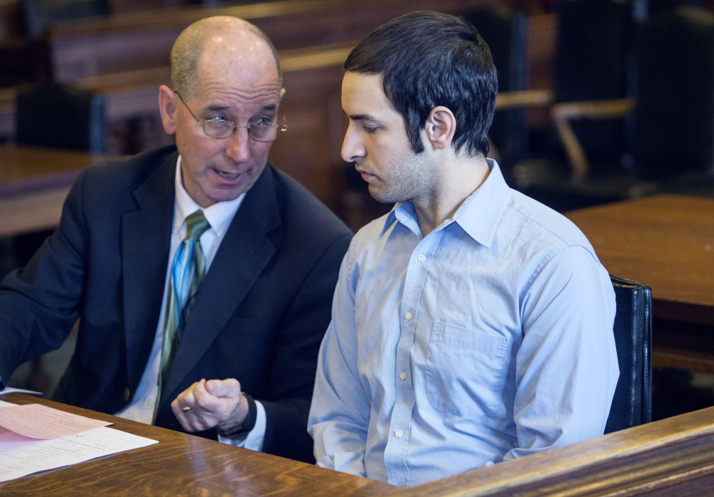 Philip Macri, with attorney Gerard Conley, was sentenced to six years in prison and his driver’s license was suspended for life for the crash that killed a Steep Falls woman in 2016.