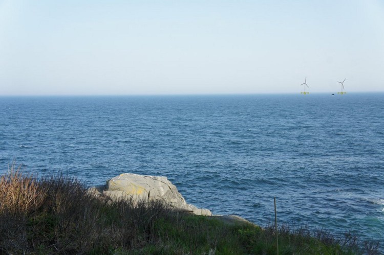 This artist's rendering, shows what offshore wind turbines would look like facing south from Monhegan Island's Norton's Ledge. Backers of the project say if it has to find another test site, the eight-year-old project would go back to square one, and funding would be jeopardized. Rendering courtesy of Monhegan Energy Info