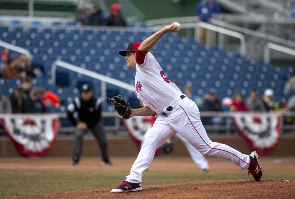 PORTLAND, ME - APRIL 8: Sea Dog's pitcher Jalen Beeks  (29) during the game against the Reading Fighting Phils. The Sea Dogs won (4-1). (Staff photo by Brianna Soukup/Staff Photographer)