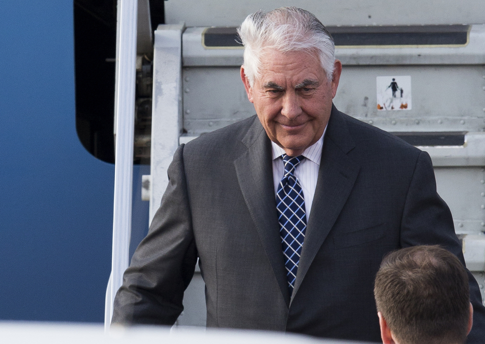 Secretary of State Rex Tillerson arrives at Moscow's Vnukovo airport on Tuesday.