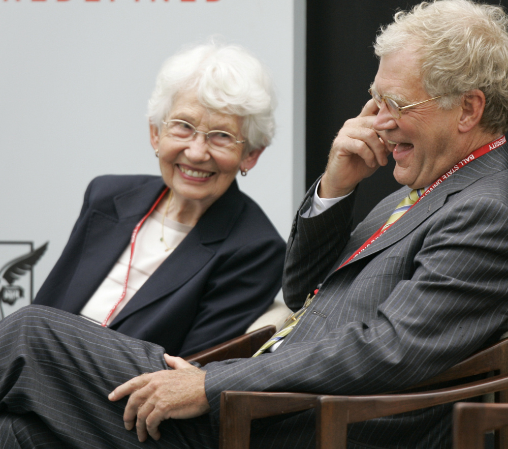David Letterman laughs with his mother, Dorothy Mengering, during the dedication of the $21 million David Letterman Communication and Media Building on Sept. 7, 2007, in Muncie, Ind. Mengering died Tuesday at the age of 95.