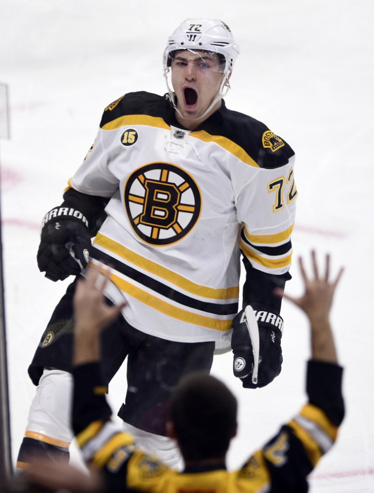 Frank Vatrano of the Bruins celebrates a goal during third period Wednesday night in Ottawa.