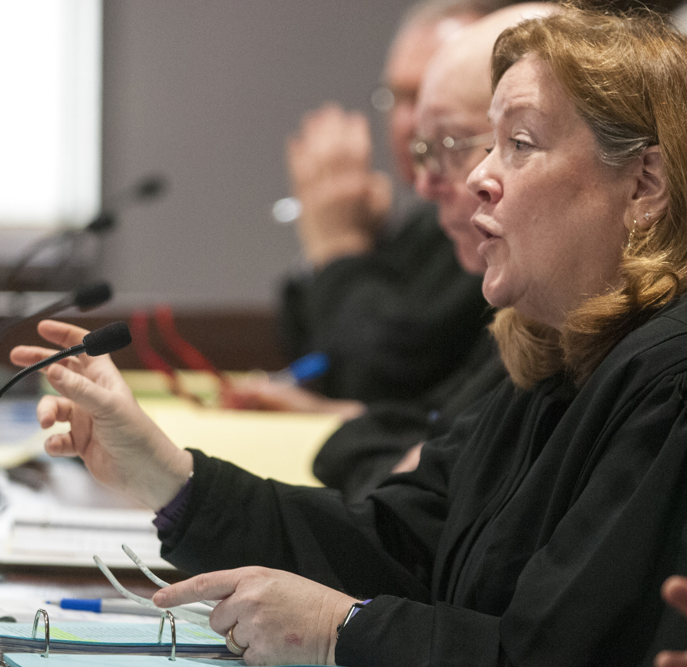 Chief Justice Leigh Saufley asks a question of an attorney about ranked-choice voting during Thursday's hearing at the Capital Judicial Center in Augusta.