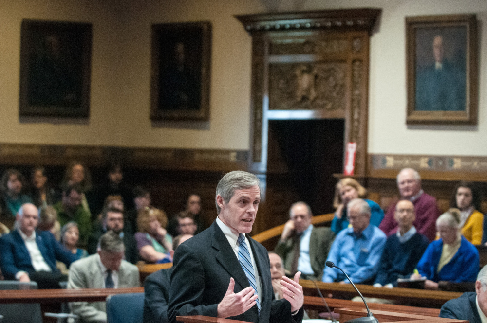 Timothy Woodcock of the Bangor law firm Eaton Peabody argues Thursday on behalf of the Maine Senate during the state Supreme Court hearing in Augusta.