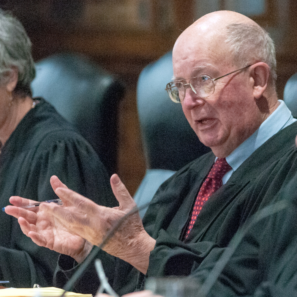 Justice Donald Alexander asks a question during an appeal of Justin Pillsbury's murder conviction Thursday during a Maine Supreme Judicial Court hearing in the Capital Judicial Center in Augusta.