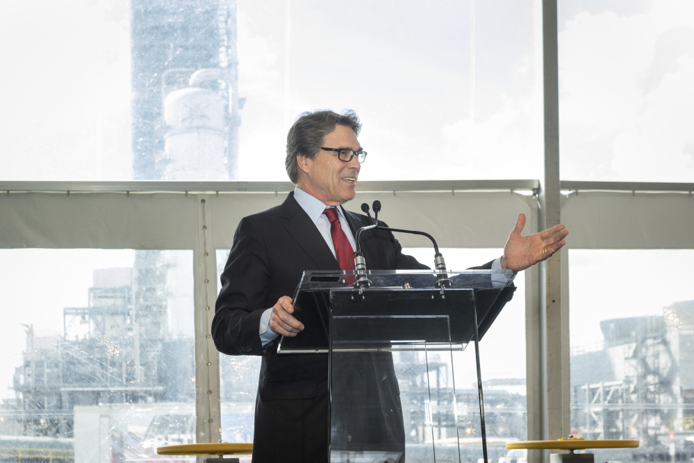 IMAGE DISTRIBUTED FOR RELIANT - U.S. Secretary of Energy Rick Perry speaks at the valve turning ceremony for the Petra Nova carbon capture and enhanced oil recovery system on Thursday, April 13, 2017, in Fort Bend County, southwest of Houston. Petra Nova, a 50-50 joint venture by NRG Energy and JX Nippon Oil & Gas Exploration, captures more than 90 percent of CO2 from a 240 MW equivalent slipstream of flue gas off an existing coal-fueled electrical generating unit at the WA Parish power plant and uses it to increase oil production at a mature oil field owned by Petra Nova and Hilcorp Energy. (Paul Ladd/AP Images for Reliant)