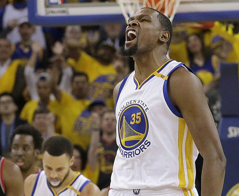 Golden State forward Kevin Durant scored 32 points and grabbed 10 rebounds as the Warriors beat Portland 121-109 Sunday in Oakland, California, in Game 1 of their Western Conference first-round series.