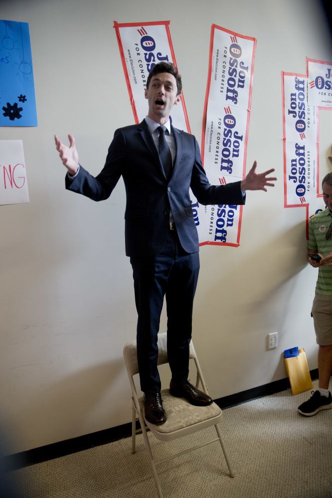 Democratic candidate for Georgia's 6th Congressional seat Jon Ossoff talks with supporters at a campaign field office Tuesday in Marietta, Ga.