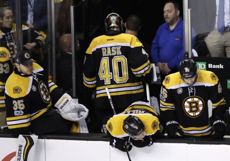Bruins goalie Tuukka Rask heads to the locker room after a 1-0 loss to the Ottawa Senators in Game 4 of their playoff series in Boston, on Wednesday night. Ottawa leads the series, 3-1.
