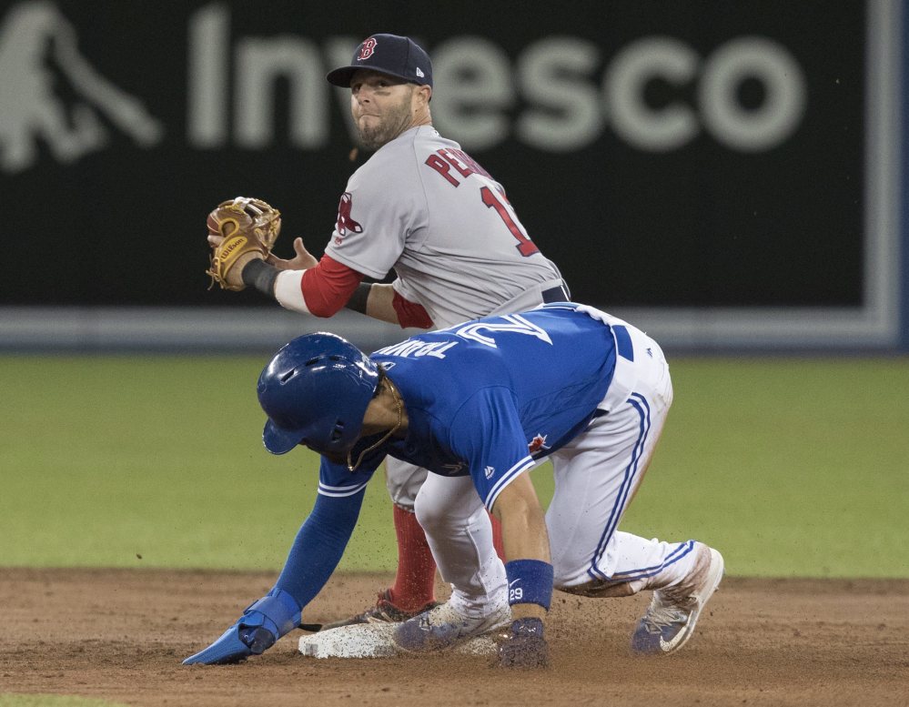 Toronto's Devon Travis slides in safely at second base as Boston second baseman Dustin Pedroia fields the throw in the third inning.