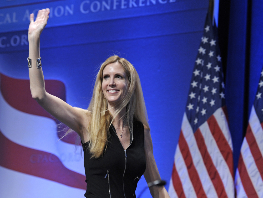 Ann Coulter waves to the audience after speaking at the Conservative Political Action Conference in Washington in 2011. Coulter's planned appearance at the University of California, Berkeley on April 27 has been canceled because of security concerns. Berkeley officials say they were unable to find "a safe and suitable" venue for the right-wing provocateur, whom campus Republicans had invited to speak.