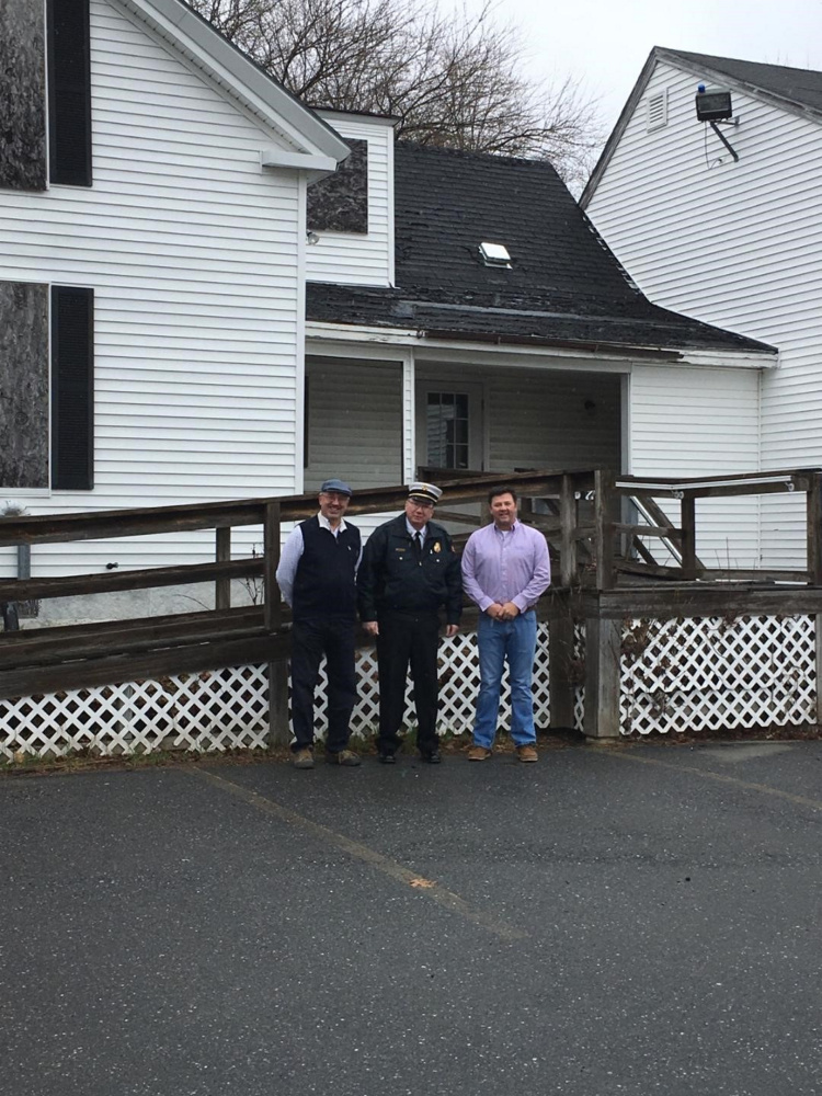 Hallowell Mayor Mark Walker, Fire Chief Jim Owens and developer Matt Morrill stand on the site where the new fire station is expected to be built on the grounds of Stevens Commons in Hallowell.