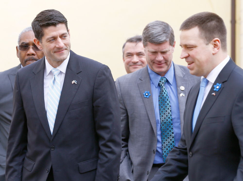 Paul Ryan, speaker of the U.S. House of Representatives, is welcomed by Estonia's Prime Minister Juri Ratas in Tallinn, Estonia, on Saturday as he wraps up a tour of NATO countries with a bipartisan delegation. Later, Ryan participated in a conference call with fellow Republicans on this week's agenda in Washington.