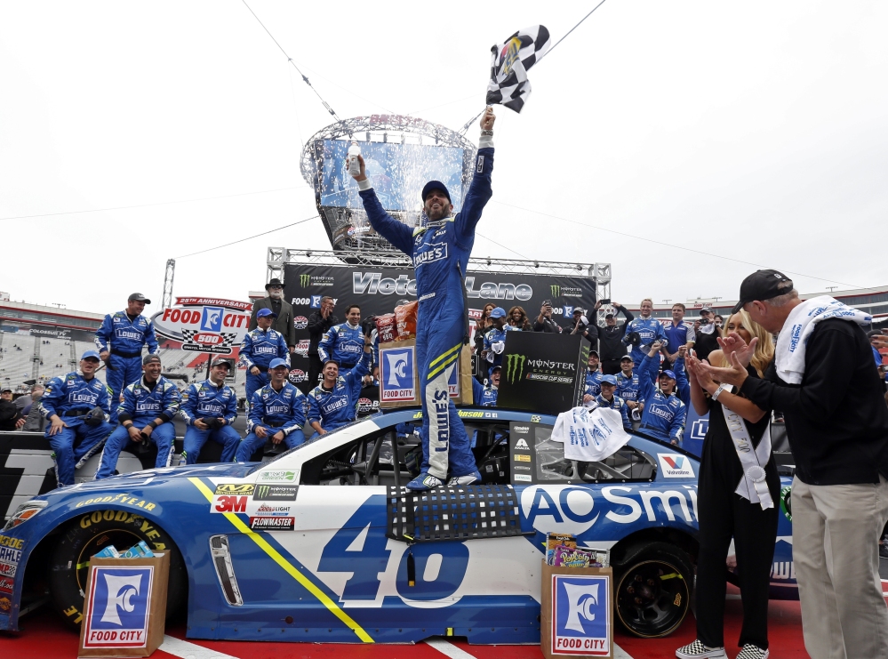 Jimmie Johnson celebrates after winning Monday's race at Bristol Motor Speedway. It was just the second career win at the track for Johnson, the seven-time Cup Series champion.