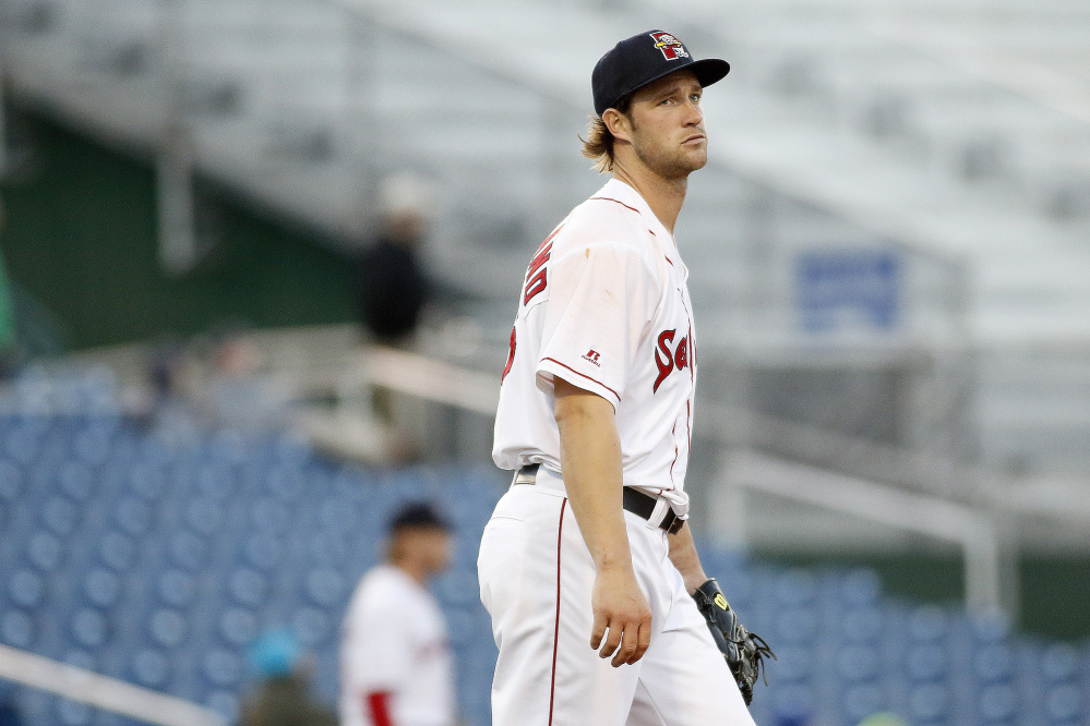 Portland starter Jacob Dahlstrand looks on after giving up a three-run home run to Hartford's Drew Weeks in the top of the sixth inning Monday at Hadlock Field. Dahlstrand had started the game with five shutout innings.