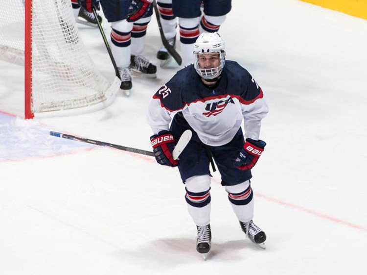 Yarmouth native Oliver Wahlstrom celebrates after a second-period goal against Belarus at the 2017 U18 world championships in Slovakia. He scored a team-high four goals to help the U18 team from the United States win the gold medal at the tournament on Sunday.