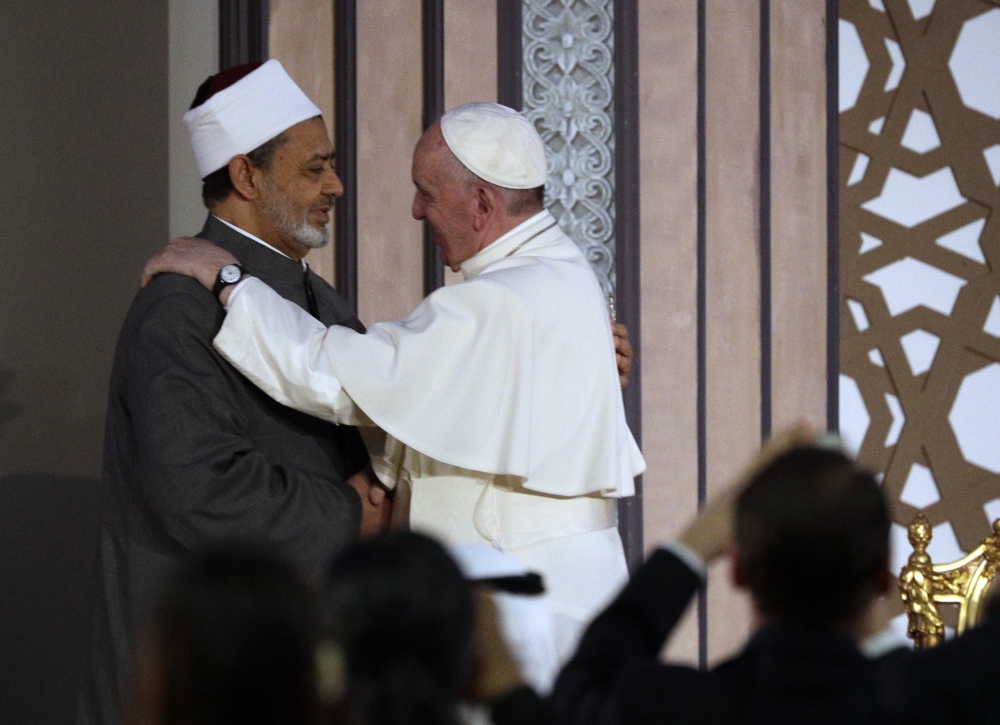 Pope Francis meets Sheikh Ahmed el-Tayeb, Al-Azhar's grand imam, Friday in Cairo. He was in Egypt to present a united Christian-Muslim front against religiously inspired violence.