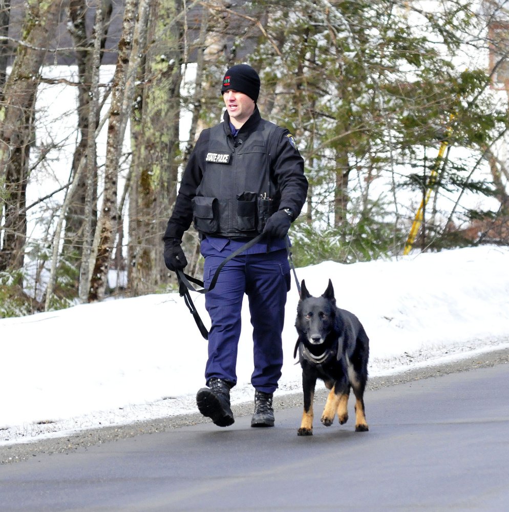 Trooper G.J. Neagle and tracking dog Draco search along the Winnecook Road in Burnham while investigating the death of a woman on Sunday morning.
