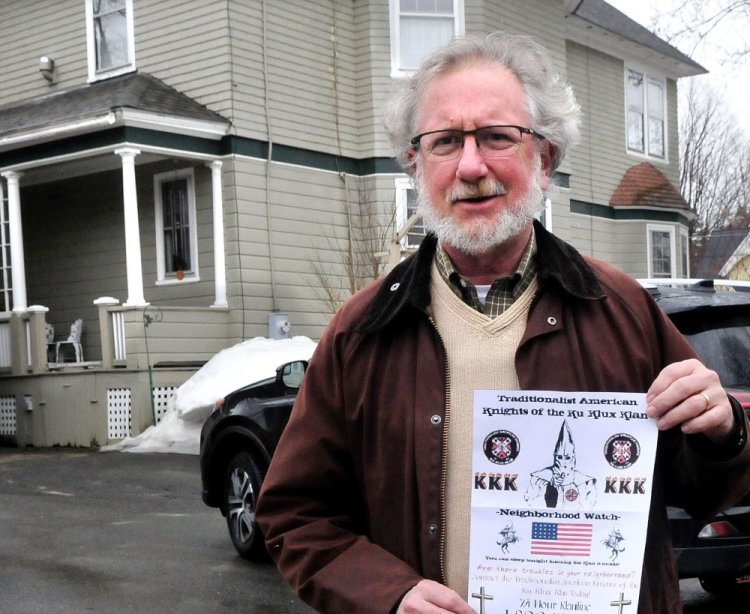 The Rev. David Anderman found this Ku Klux Klan flyer wrapped in a plastic bag with small rocks and thrown on his driveway in Waterville on Monday. He and others in the neighborhood reported the flyers to police.