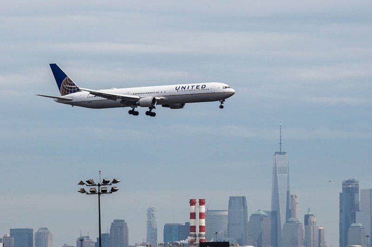 A United Airlines  airplane  landing at Newark on April 12.