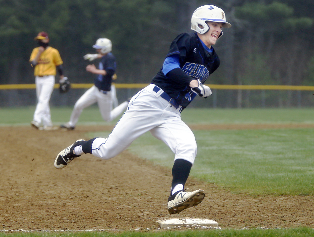 Falmouth's Robbie Armitage rounds third and heads for home during the Yachtsmen's 11-1 win Monday over Cape Elizabeth. Armitage later ended the game with a home run in the fifth inning, invoking the mercy rule.
