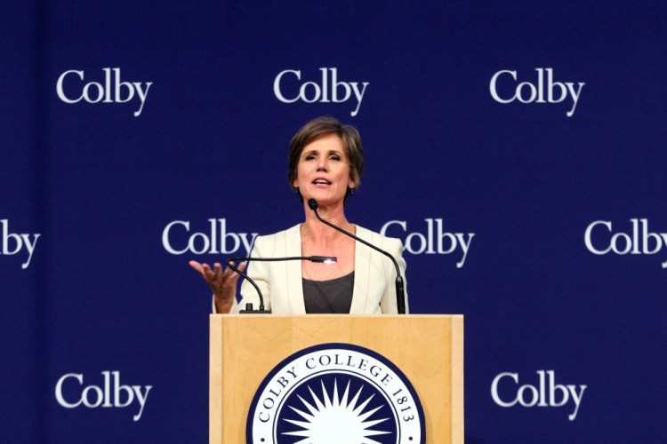 Former Acting U.S. Attorney General Sally Yates speaks on Wednesday night at Colby College in Waterville.