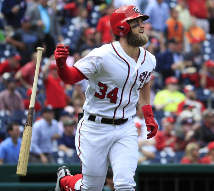 Bryce Harper of the Washington Nationals, tossing his bat after flying out Thursday, left the game with a groin injury and is listed as day to day.