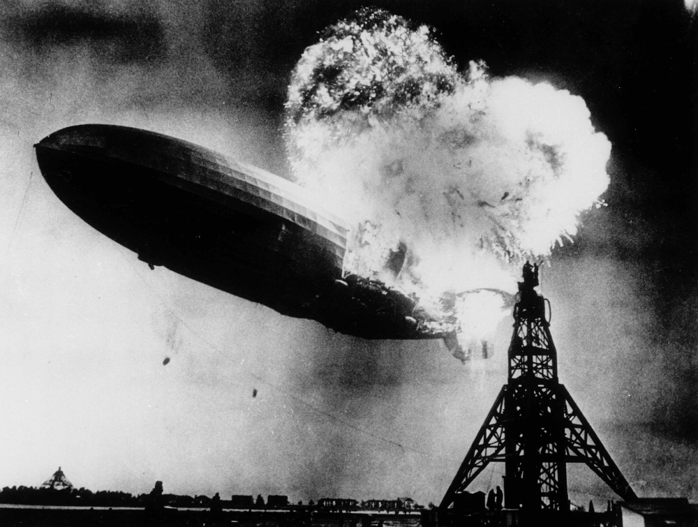 May 6, 1937 photo provided by the Philadelphia Public Ledger was taken at almost the split second that the Hindenburg exploded over the Lakehurst Naval Air Station.