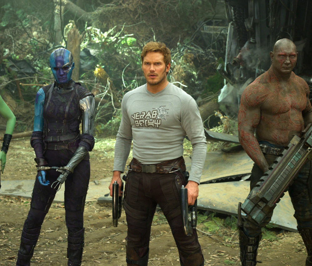 From left, Karen Gillan, Chris Pratt and Dave Bautista appear in a scene from "Guardians of the Galaxy Vol. 2," which received an "A" CinemaScore from audiences.