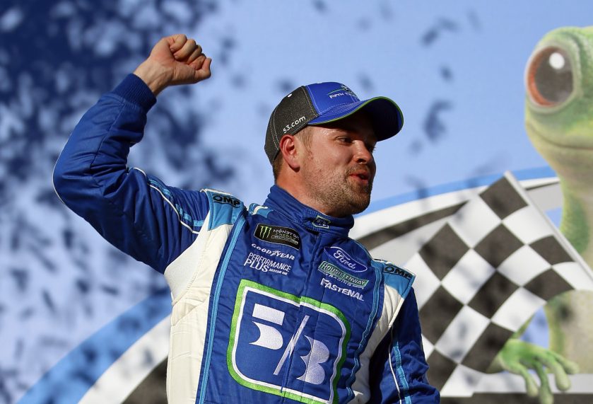 Ricky Stenhouse Jr. celebrates Sunday after earning his first career Cup Series victory in the Camping World 500 at Talladega Superspeedway. (Associated Press Photo/Butch Dill)
